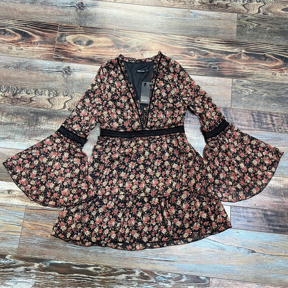 Nasty Gal Collection Bohemian Flowy Sleeves Flower Print Mini Dress Size 8